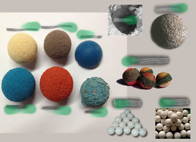 胶球分类：海绵胶球,剥皮胶球,（，半）金刚砂胶球,橡胶胶球,硅胶胶球（图1）